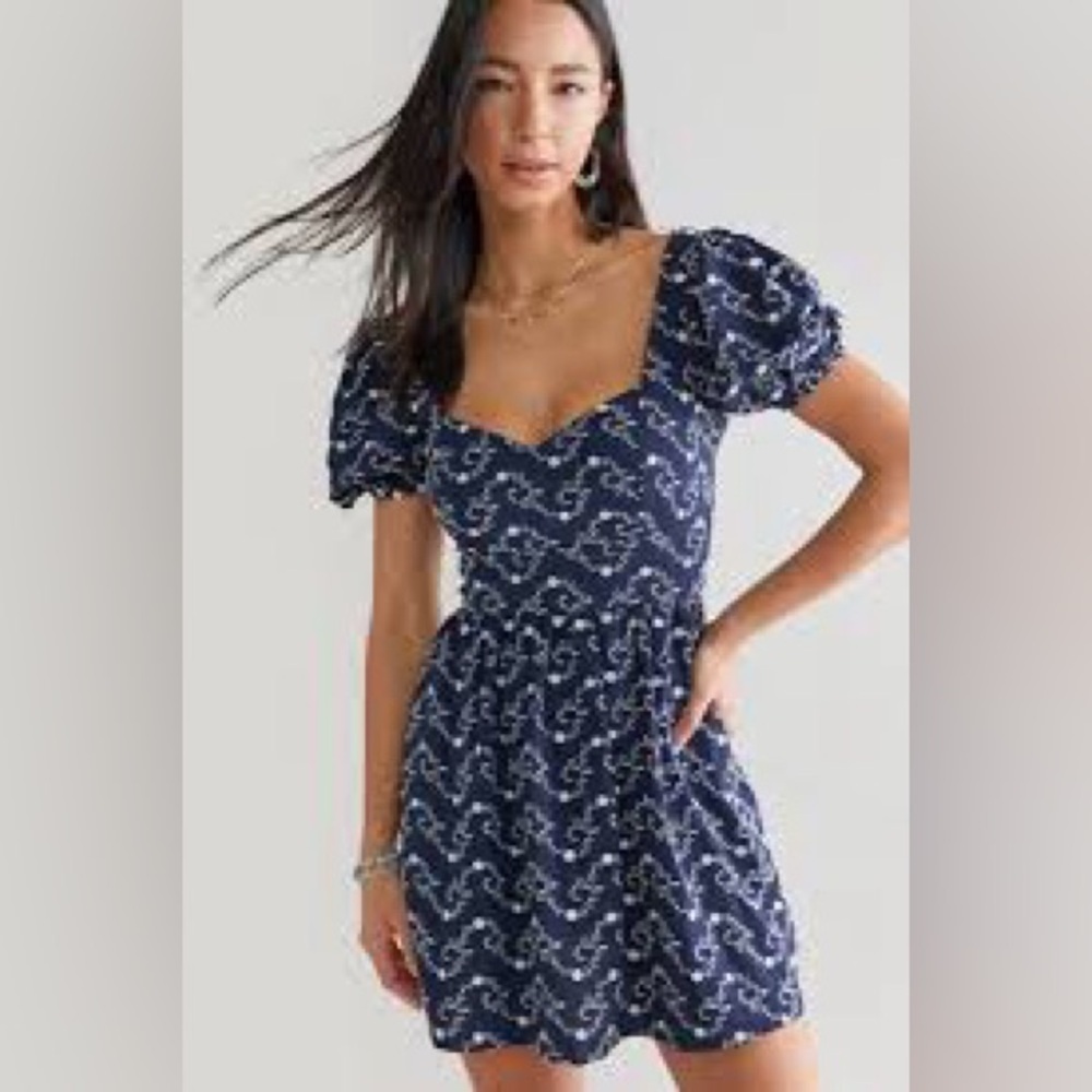 Audrey Parks for Francesca’s Navy Blue Sophia Tie Back Embroidered Mini Dress